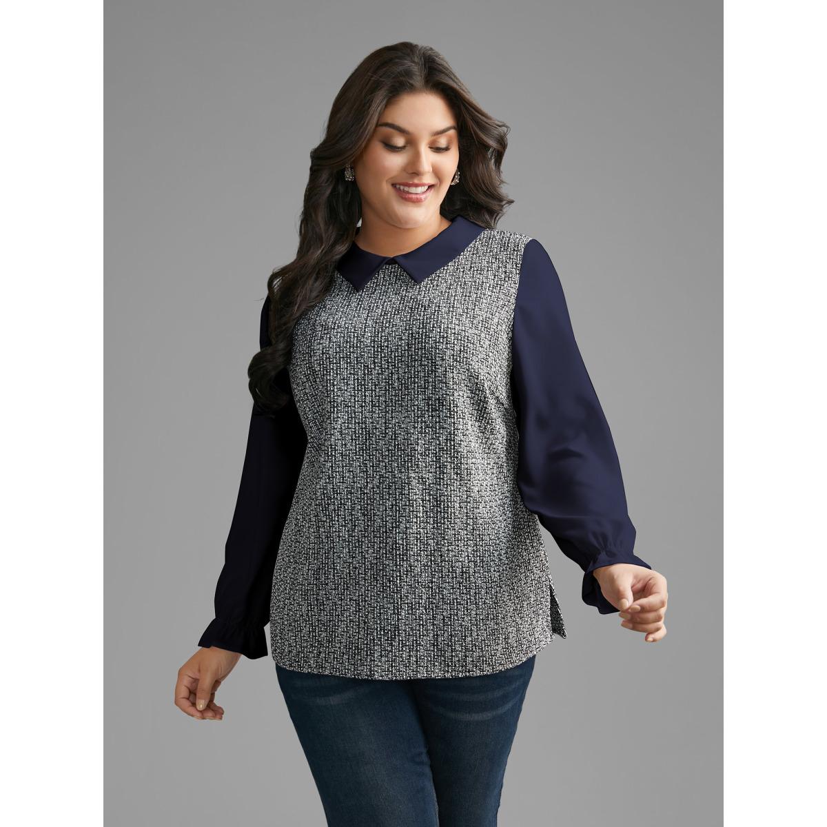 Plus Size Indigo Tweed Patchwork Lantern Sleeve Blouse Women At the Office Long Sleeve Shirt collar Work Blouses BloomChic 10/M Product Image