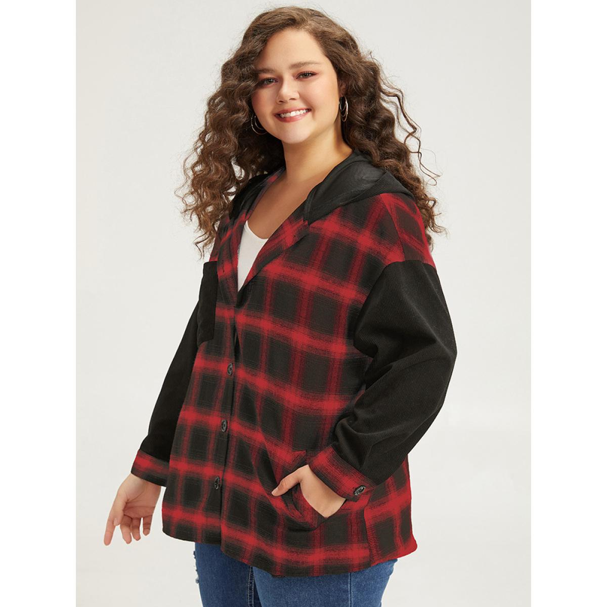 Plus Size Plaid Hooded Patched Pocket Button Up Patchwork Coat Women Crimson Contrast Pocket Dailywear Jackets BloomChic 18-20/2X Product Image