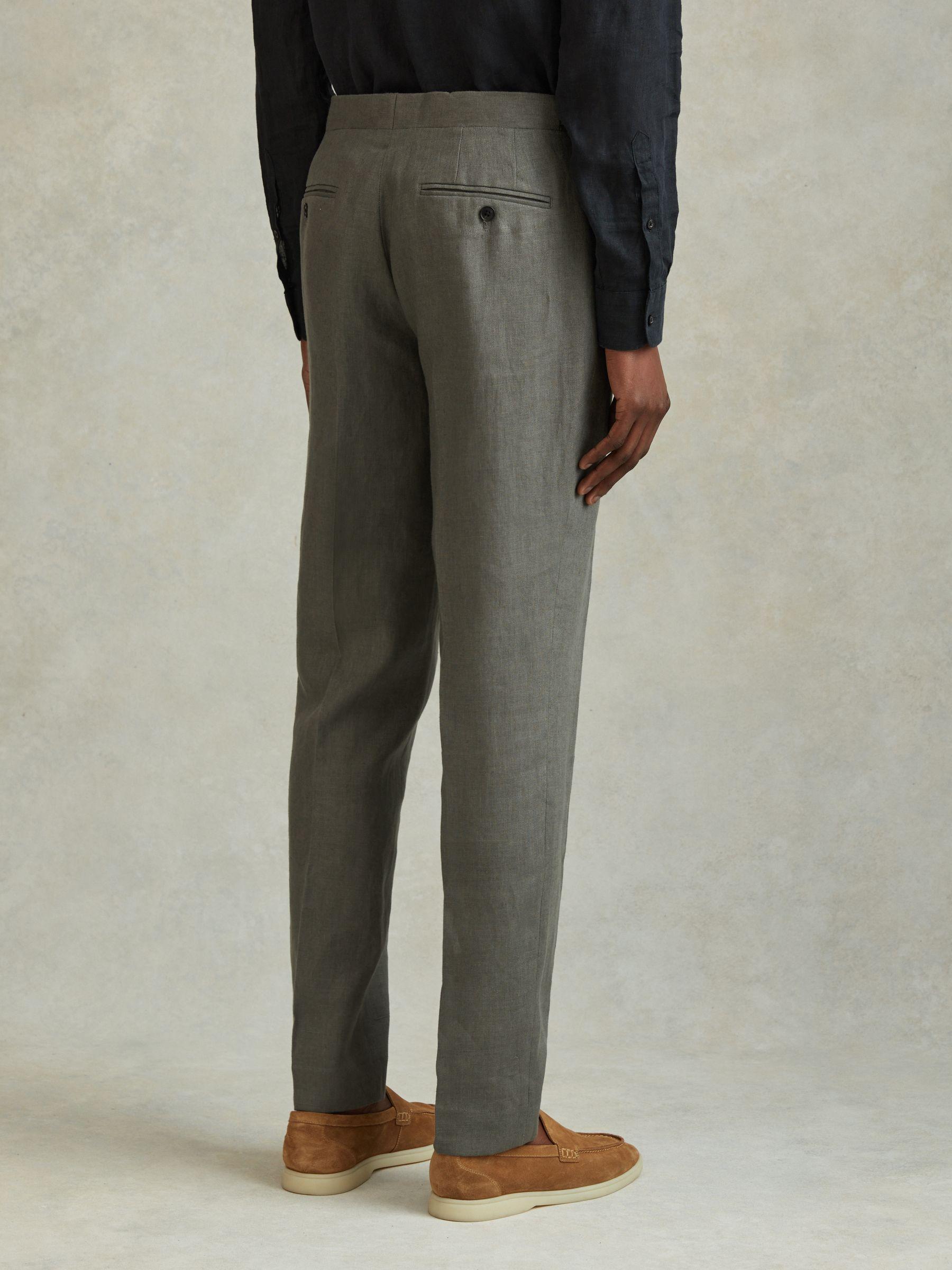 Halgas Dark Sage 100% Linen Side Adjuster Slim Fit Trousers Product Image