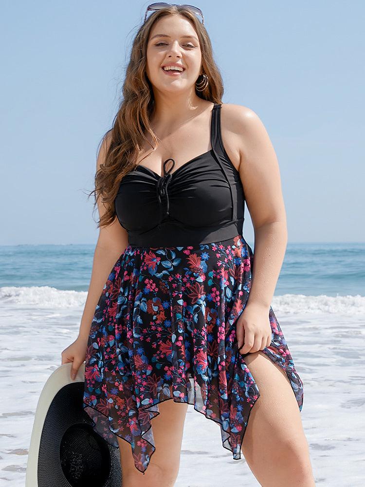 Tropical Ruched Ties Hanky Hem Crisscross Swim Dress Female Product Image