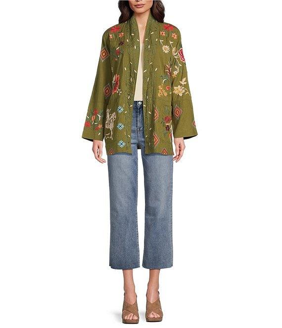 JOHNNY WAS Shawl Collar Long Sleeve Belted Embroidered Jacket Product Image