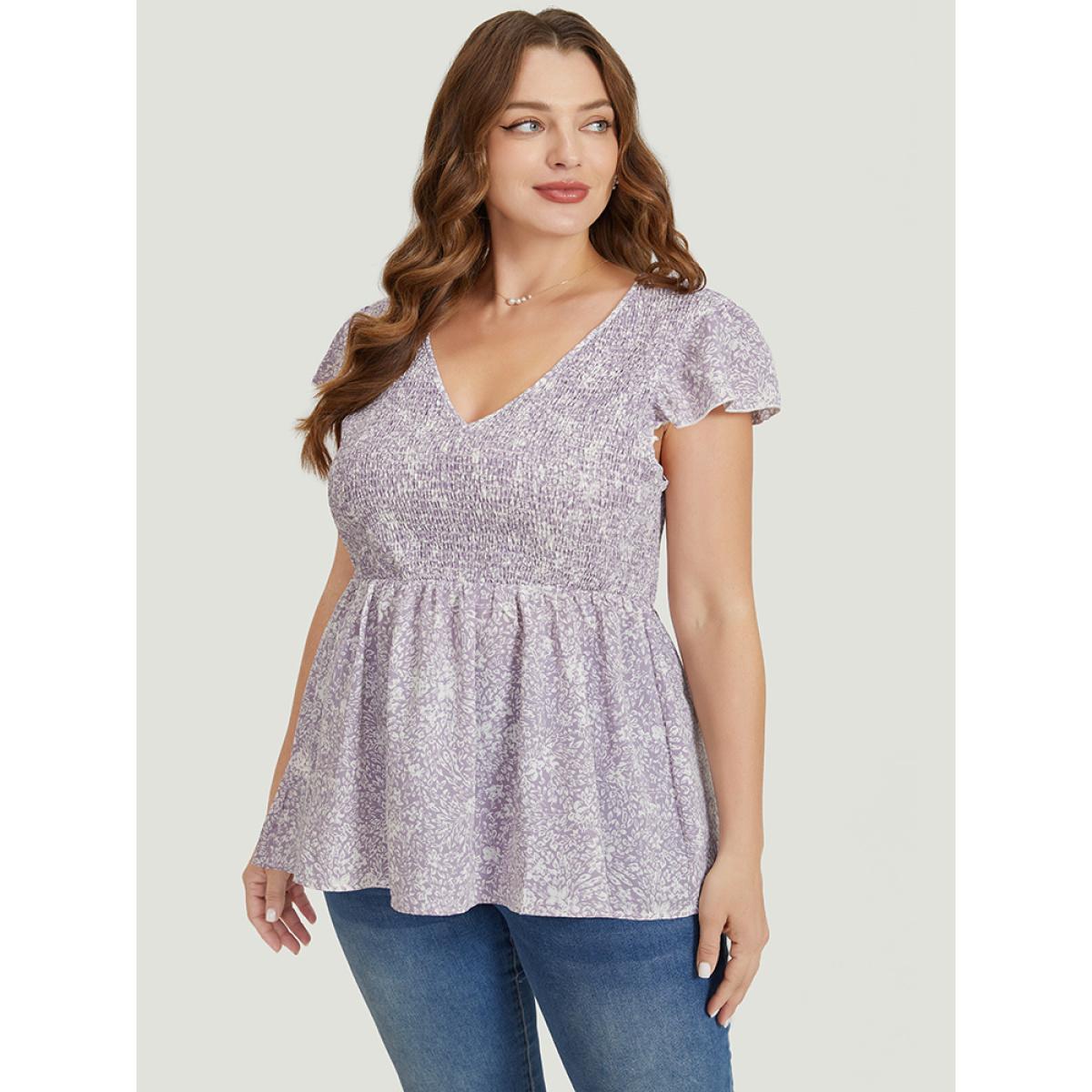Plus Size Heather Ditsy Floral Cap Sleeve Shirred Blouse Women Elegant Cap Sleeve V-neck Dailywear Blouses BloomChic 12/L Product Image