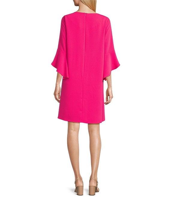 Caroline Rose Julia Matte Crepe 3/4 Ruffle Sleeve Shift Round Neck Shift Dress Product Image