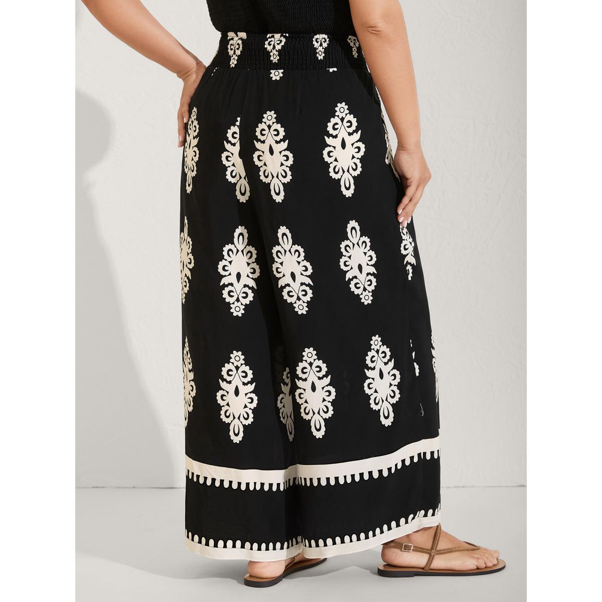 Plus Size Ornate Print Shirred Wide-Leg Pants Women Black Boho Wide Leg Mid Rise Vacation Pants BloomChic 28/5X Product Image
