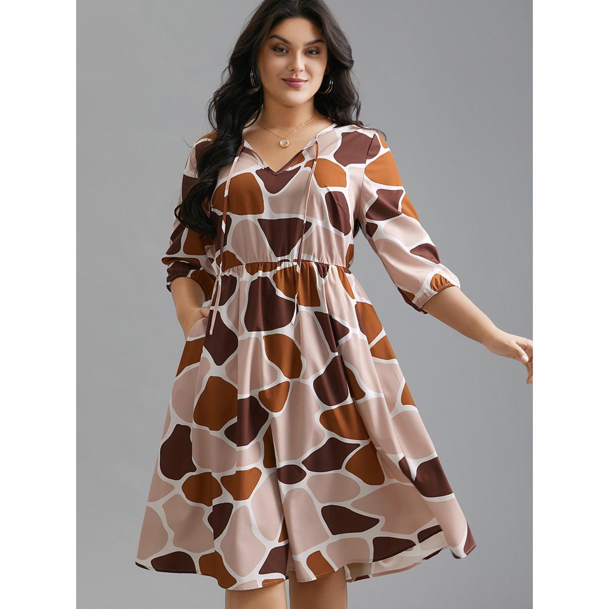 Plus Size Neck-Tie Color Block Waist Cinched Dress Multicolor Women Casual Tie knot V-neck Elbow-length sleeve Curvy BloomChic 10/M Product Image