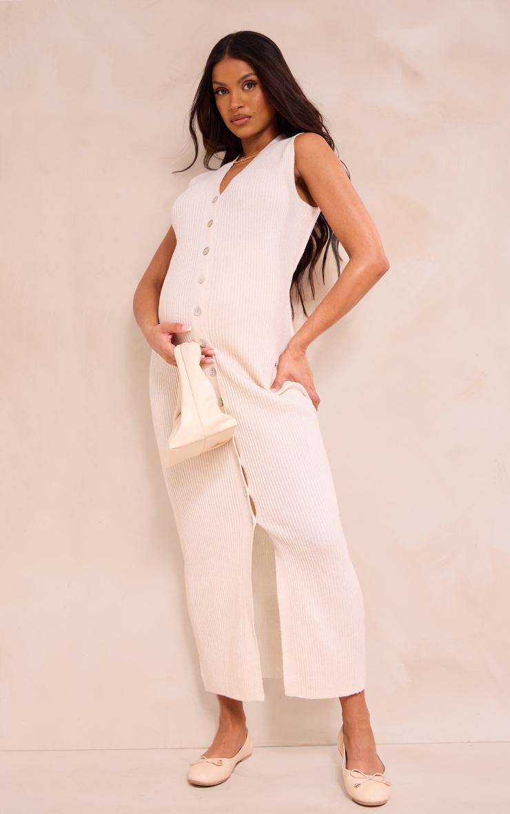 Maternity Cream Knit Sleeveless Button Up Maxi Dress Product Image
