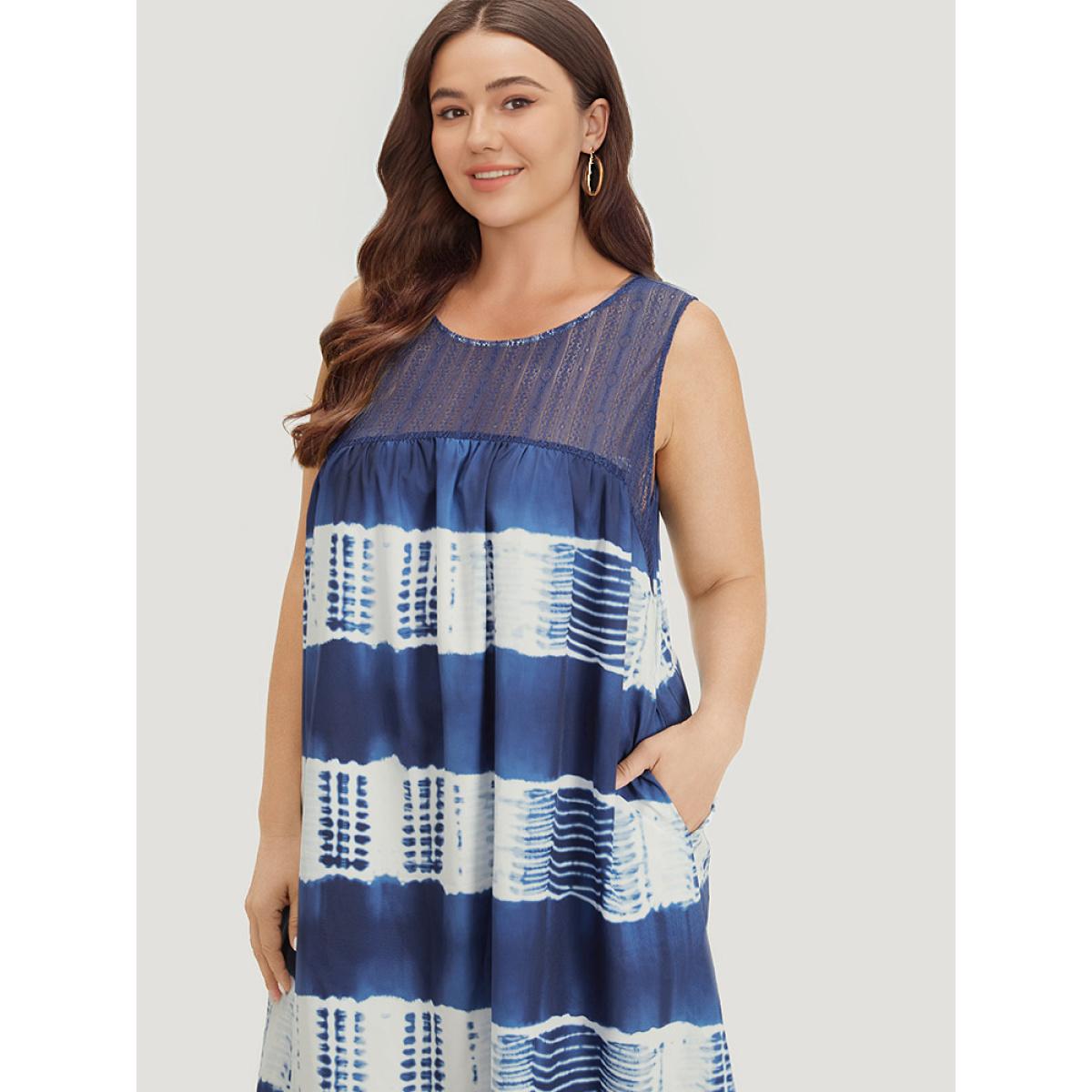 Plus Size Tie Dye Mesh Patchwork Ruffle Hem Tank Dress Indigo Women Vacation Gathered Round Neck Sleeveless Curvy Knee Dress BloomChic 14-16/1X Product Image
