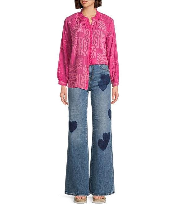 JOHNNY WAS Molli Monotone Embroidered Cupro Ruffle Trim Band Collar Long Sleeve Blouse Product Image