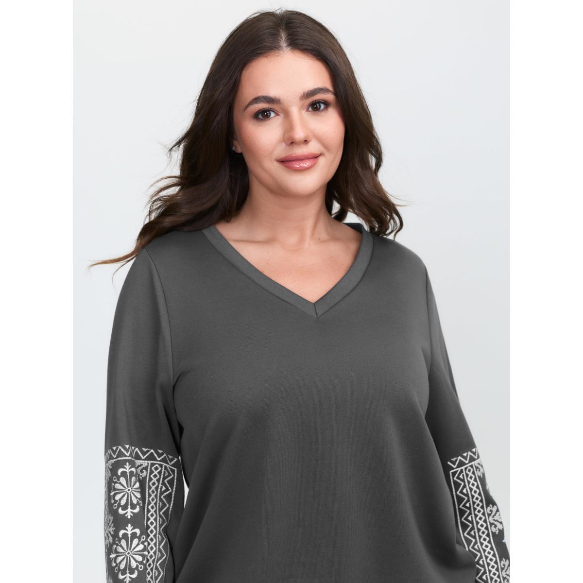 Plus Size Boho Embroidered Sleeve V-Neck Sweatshirt Women DimGray Leisure Embroidered V-neck Casual Sweatshirts BloomChic 14-16/1X Product Image