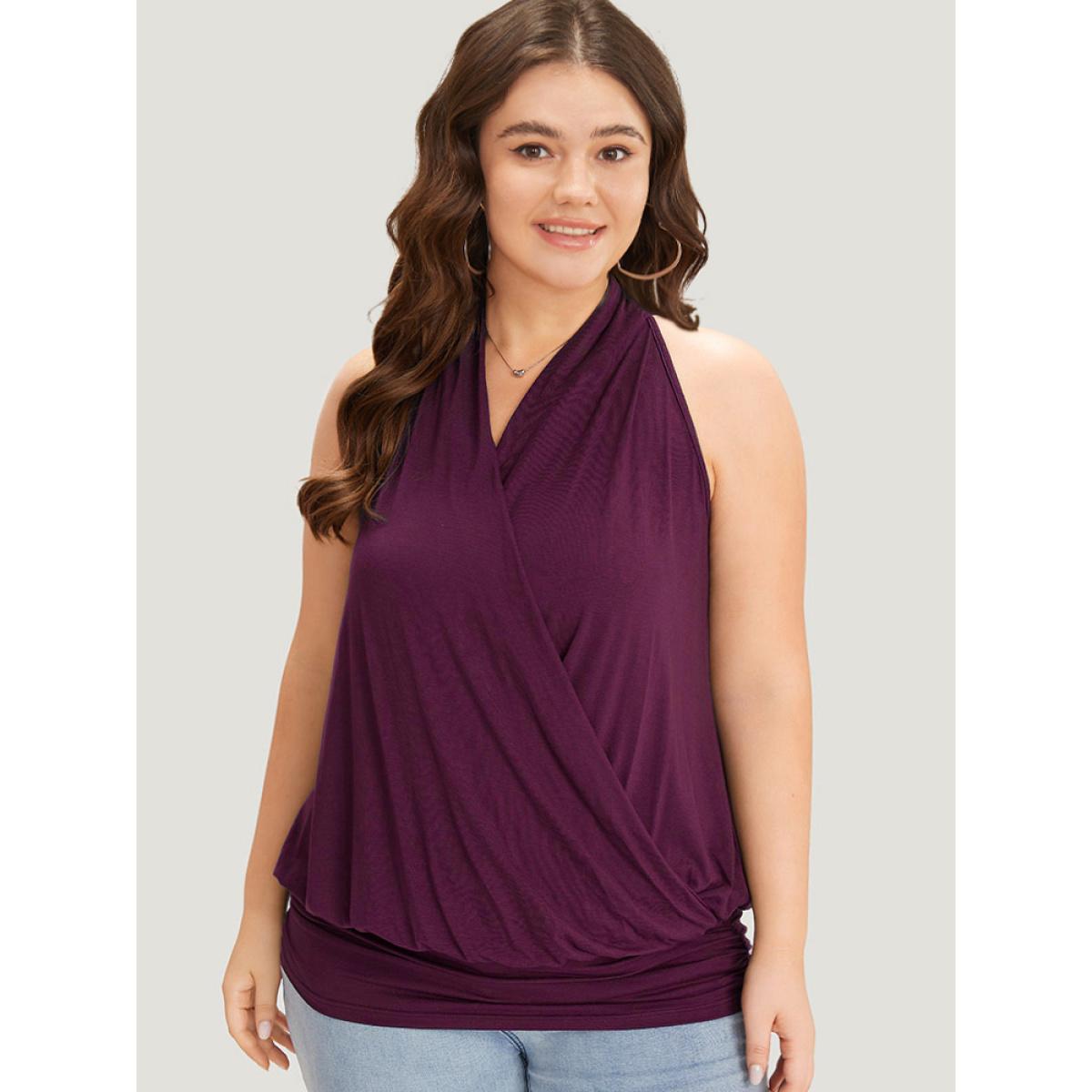 Plus Size Plain Halter Overlap Collar Cami Top Women Burgundy Elegant Wrap V-neck Dailywear Tank Tops Camis BloomChic 18-20/2X Product Image