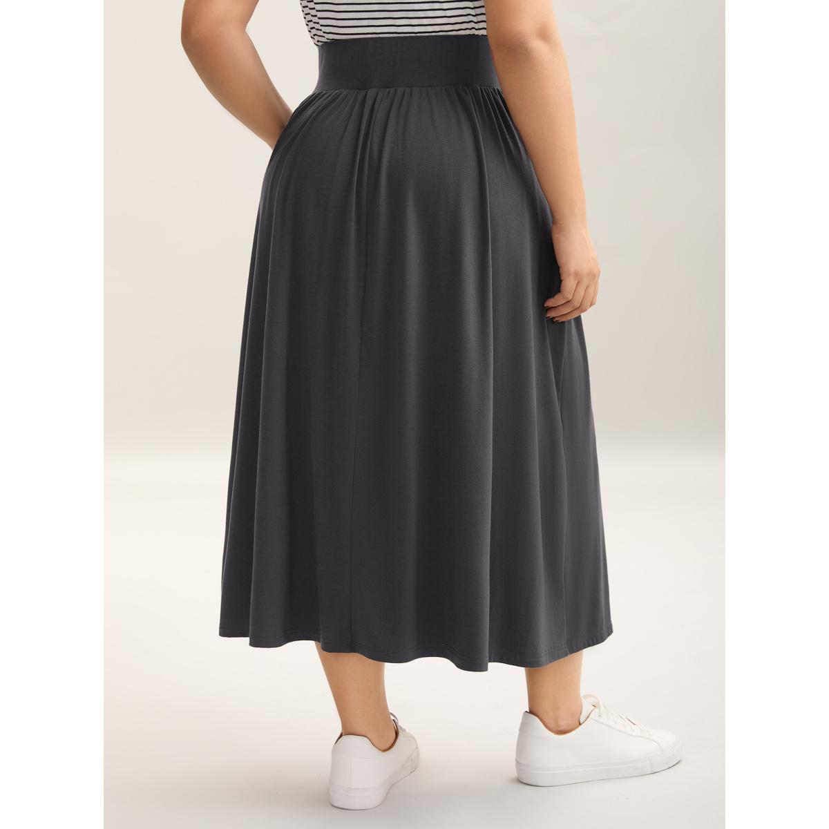 Plus Size Supersoft Wide Waistband Pleated Plain Midi Skirt Women DimGray Elegant Gathered Medium stretch Slanted pocket Everyday Skirts BloomChic 26/4X Product Image
