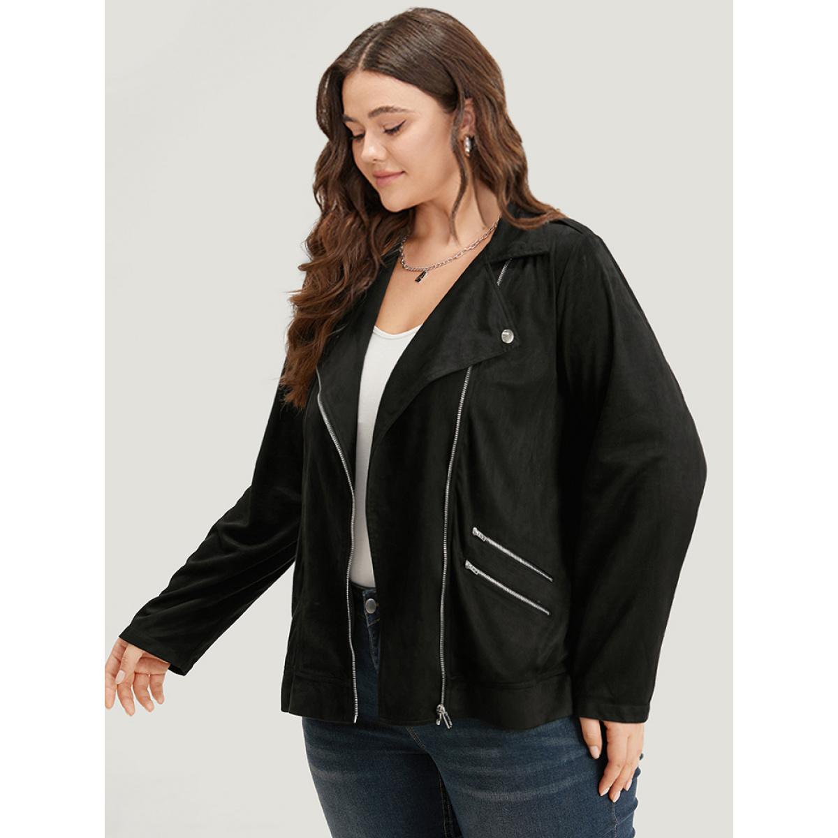 Plus Size Solid Lapel Collar Zipper Metal Detail Jacket Women Black Plain Dailywear Jackets BloomChic 22-24/3X Product Image