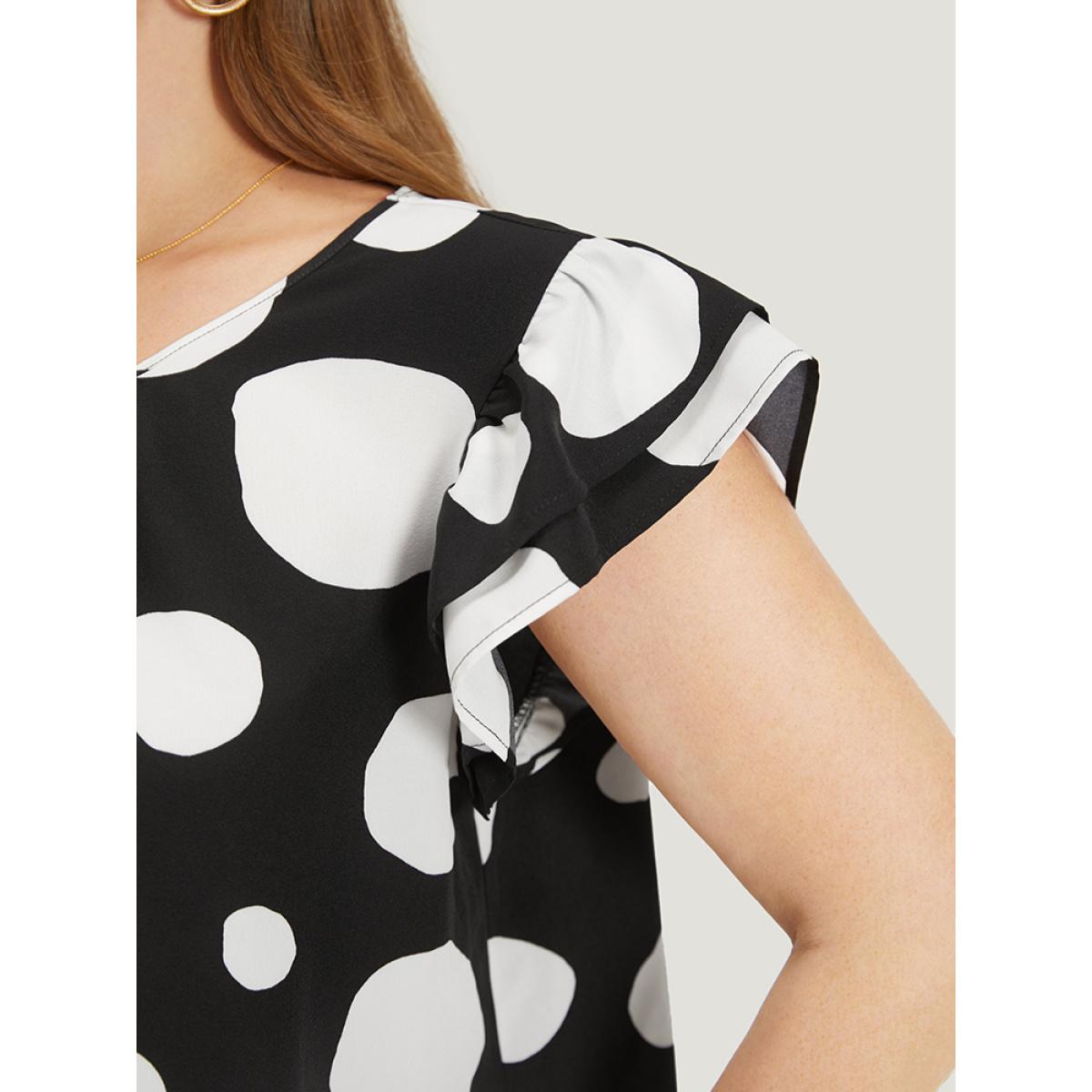 Plus Size Black Polka Dot Flutter Cap Sleeve Tiered Blouse Women Elegant Cap Sleeve Round Neck Dailywear Blouses BloomChic 30/6X Product Image