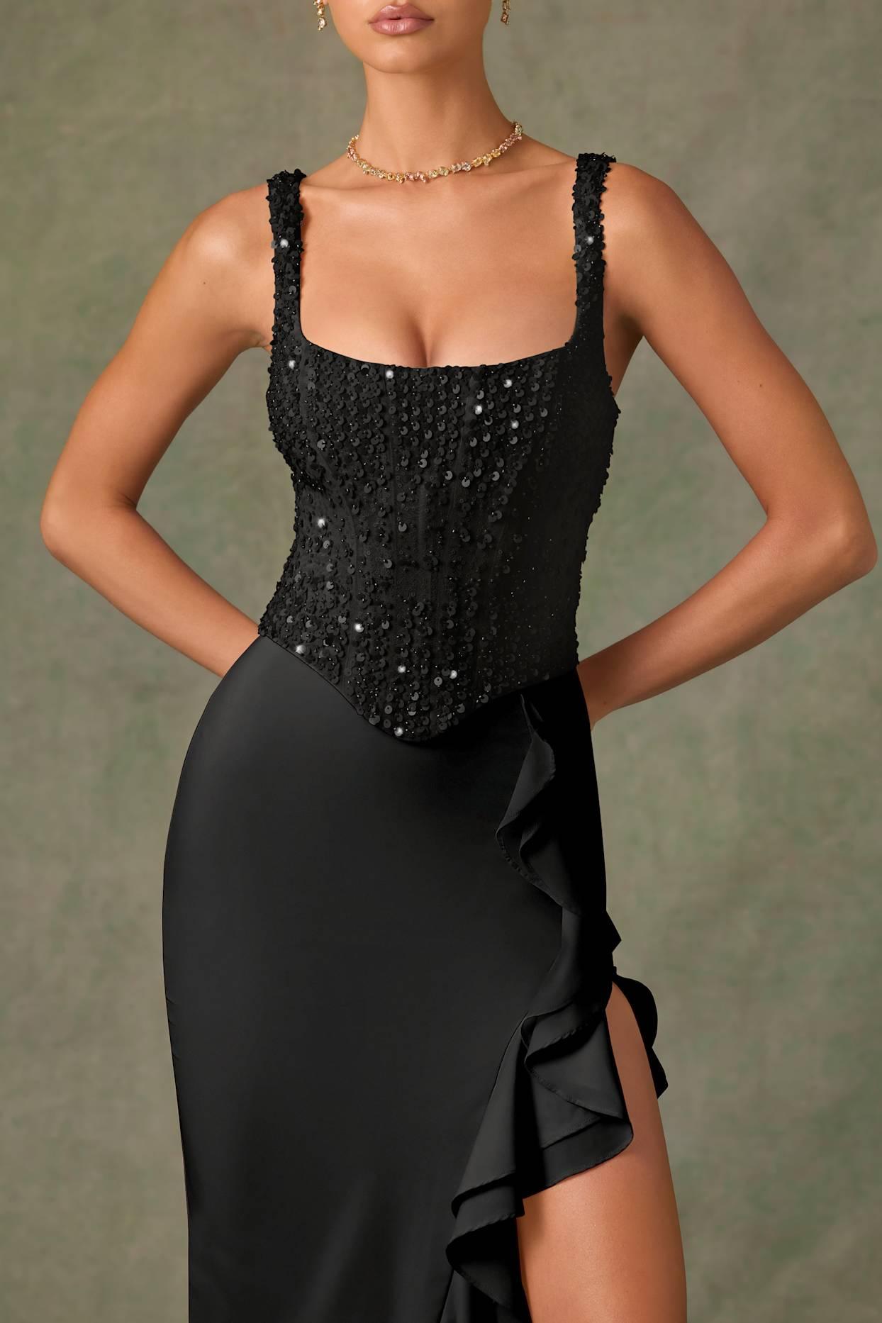 Embellished Ruffle-Trim Corset Gown in Black Product Image