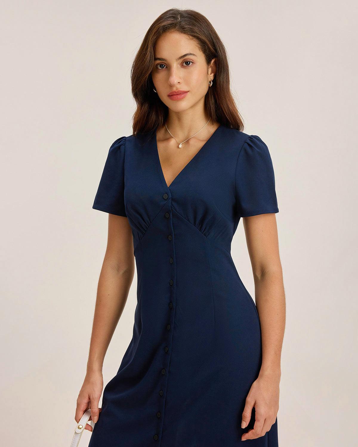 Blue V Neck Button Pleated Midi Dress Product Image