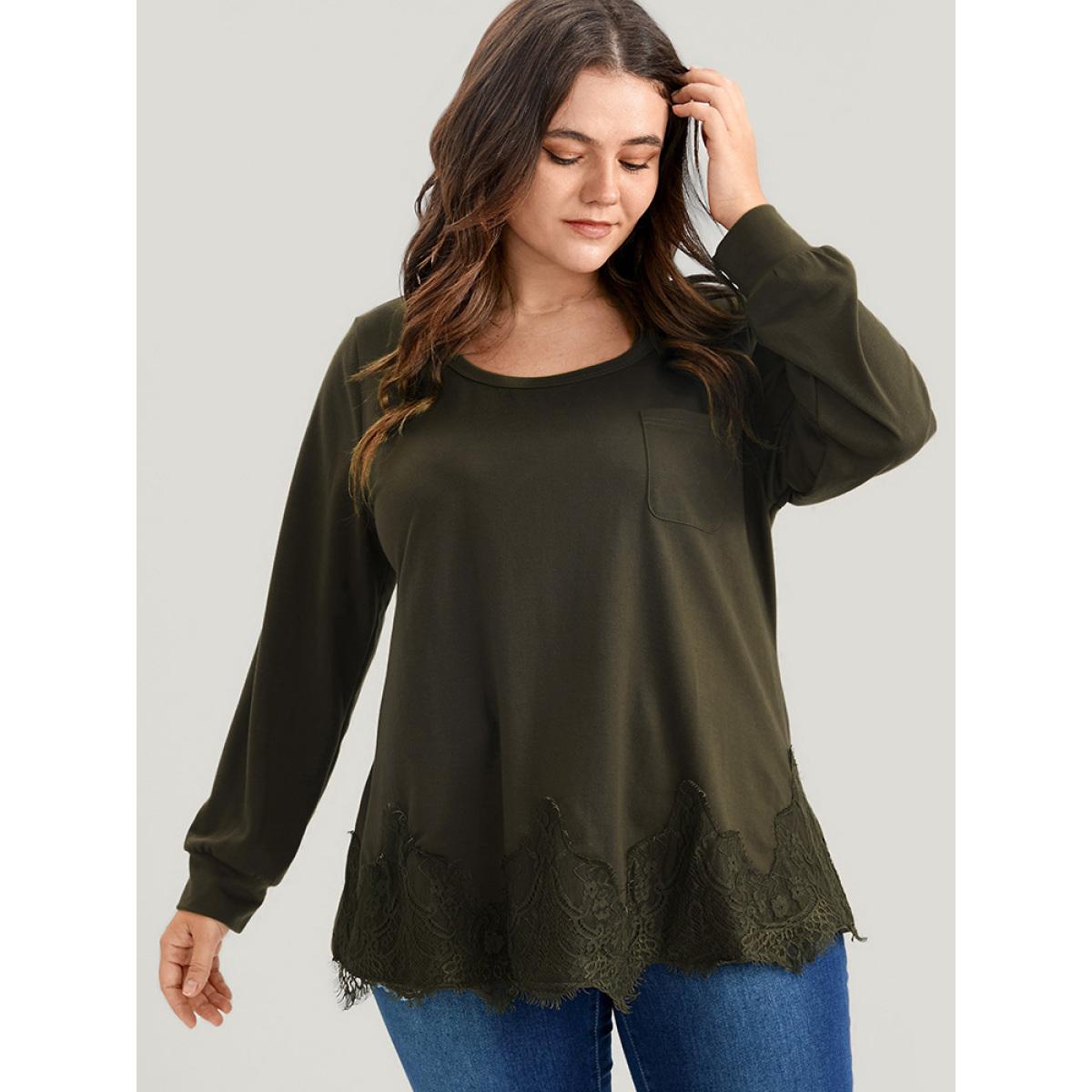 Plus Size Solid Round Neck Pocket Lace Hem Sweatshirt Women ArmyGreen Elegant Patchwork Round Neck Dailywear Sweatshirts BloomChic 14-16/1X Product Image