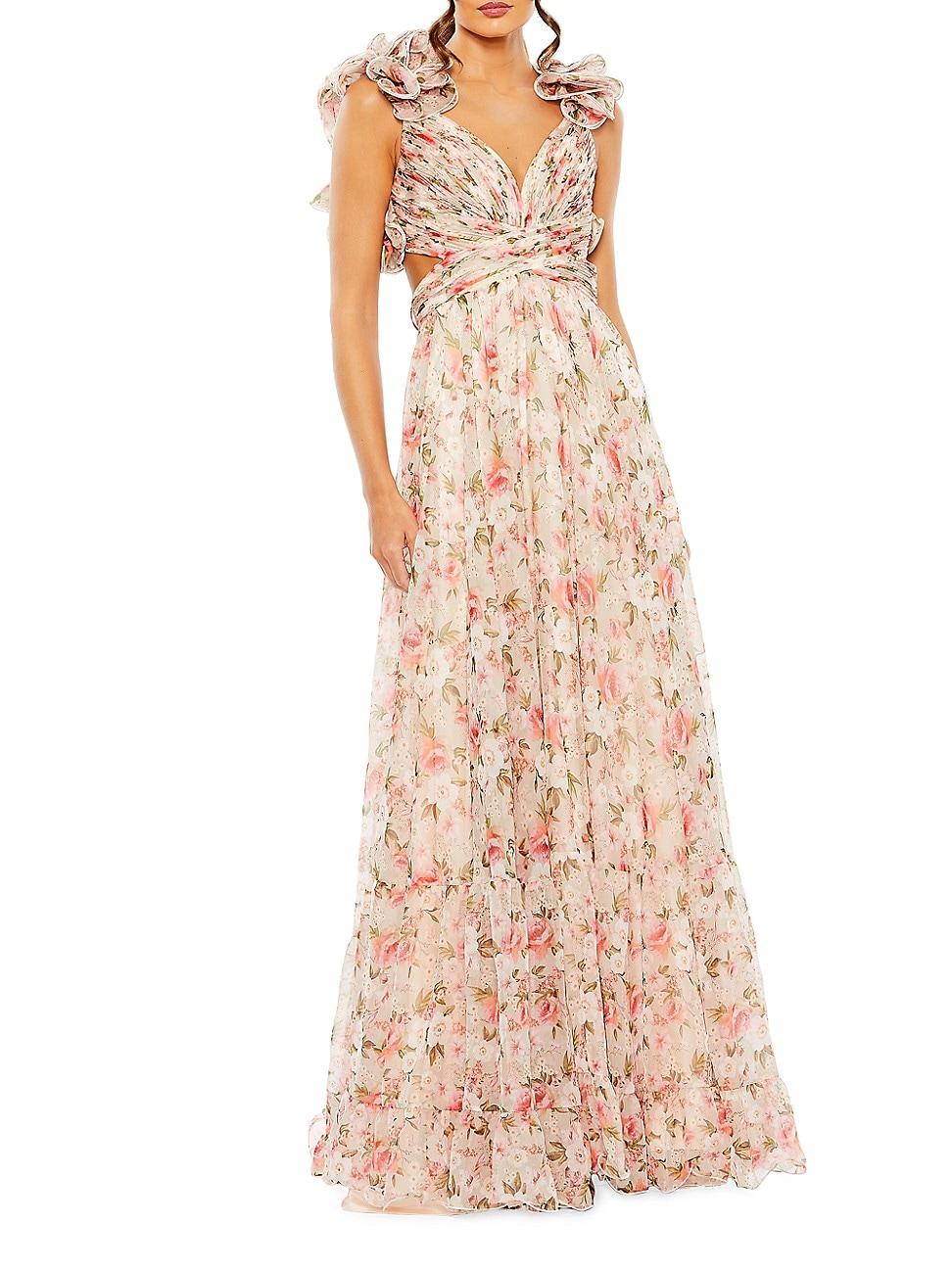 Womens Floral Cut-Out Chiffon Gown Product Image