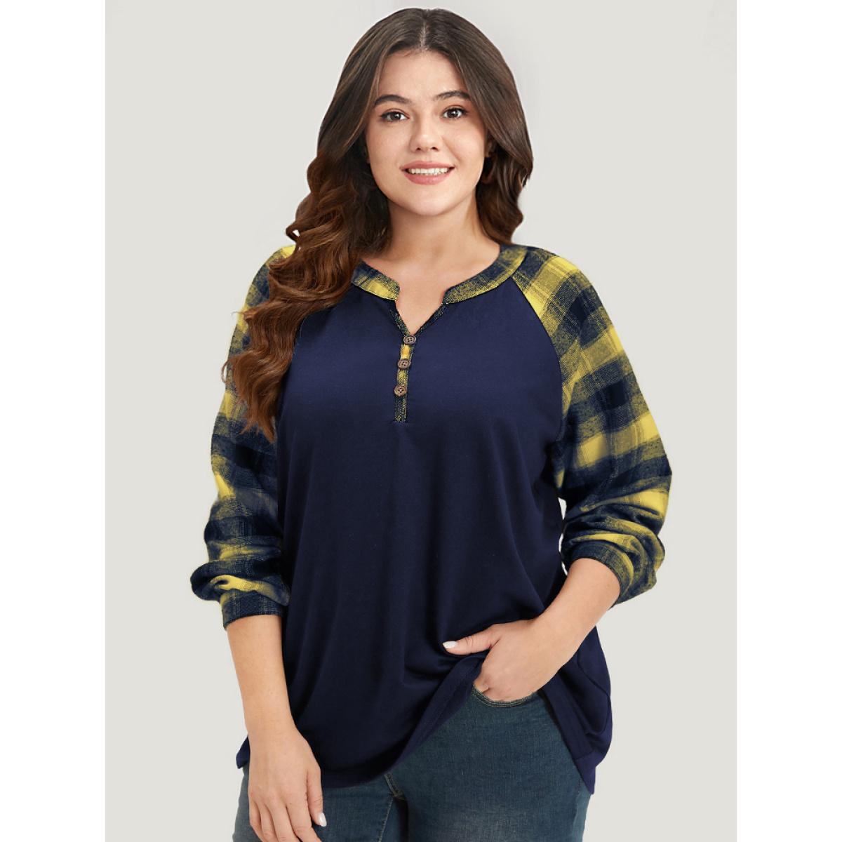 Plus Size Plaid Patchwork Notched Button Detail Sweatshirt Women Yellow Casual Patchwork Notched collar Everyday Sweatshirts BloomChic 10/M Product Image