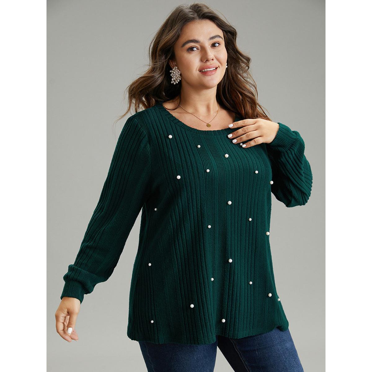 Plus Size Plain Rib Knit Pearl Beaded Sweatshirt Women DarkGreen Elegant Texture Round Neck Dailywear Sweatshirts BloomChic 12/L Product Image