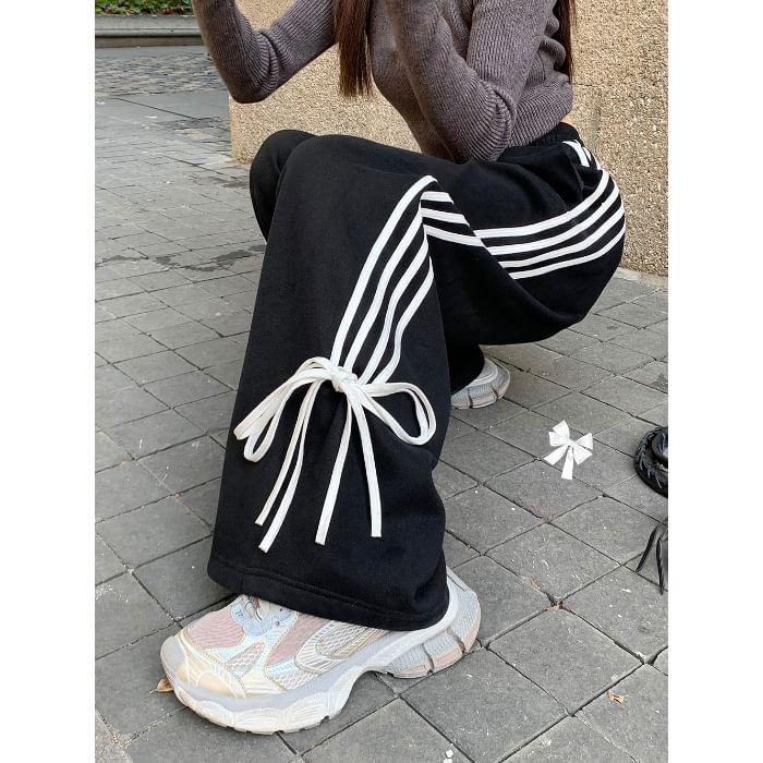 High Waist Striped Bow Accent Loose-Fit Wide-Leg Sweatpants Product Image