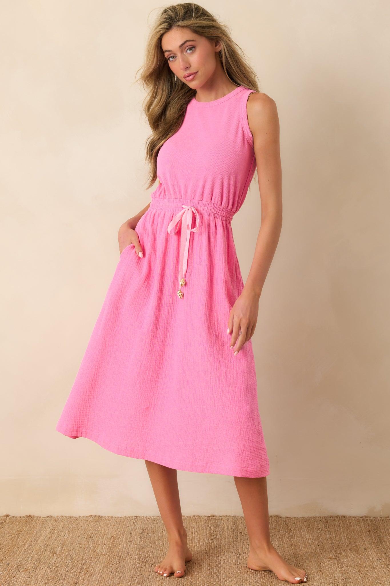 Paradisa Bonita Pink Cotton Sleeveless Midi Dress Product Image