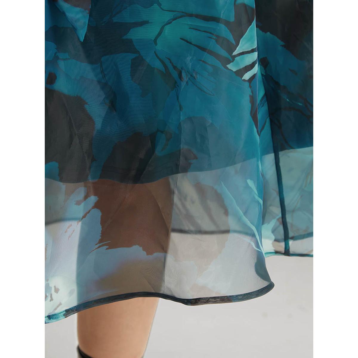 Plus Size Floral Square Neck Mesh Patchwork Belted Ruched Dress Aegean Women Elegant Belted Square Neck Long Sleeve Curvy Midi Dress BloomChic 22-24/3X Product Image