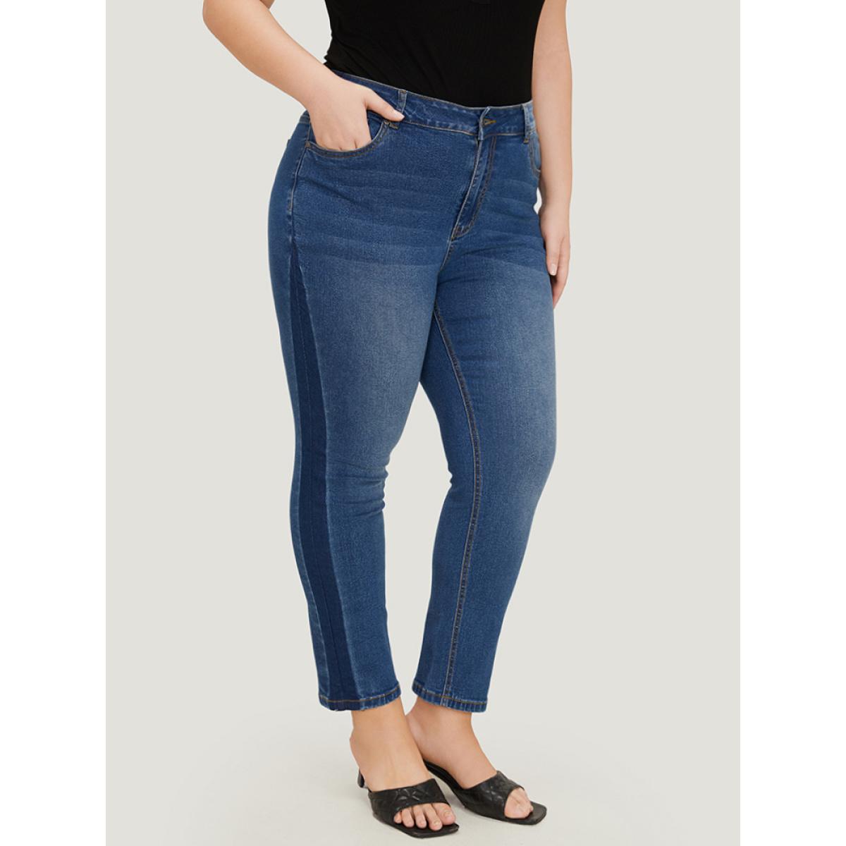 Plus Size Very Stretchy High Rise Medium Wash Contrast Patchwork Jeans Women Blue Casual Patchwork Contrast High stretch Pocket Jeans BloomChic 10/M Product Image