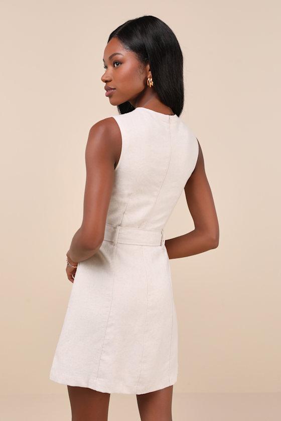 Modern Composure Beige Linen Belted Mini Dress With Pockets Product Image