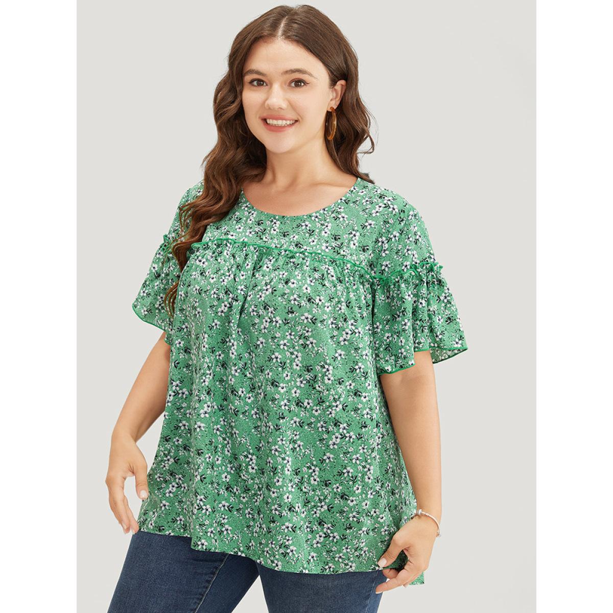 Plus Size Mint Ditsy Floral Frill Trim Gathered Ruffle Sleeve Blouse Women Elegant Short sleeve Round Neck Dailywear Blouses BloomChic 12/L Product Image
