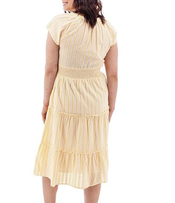 Aventura Colmar Stripe Organic Cotton Dobby Woven Split V-Neck Smocked Waist TIered Midi Dress Product Image