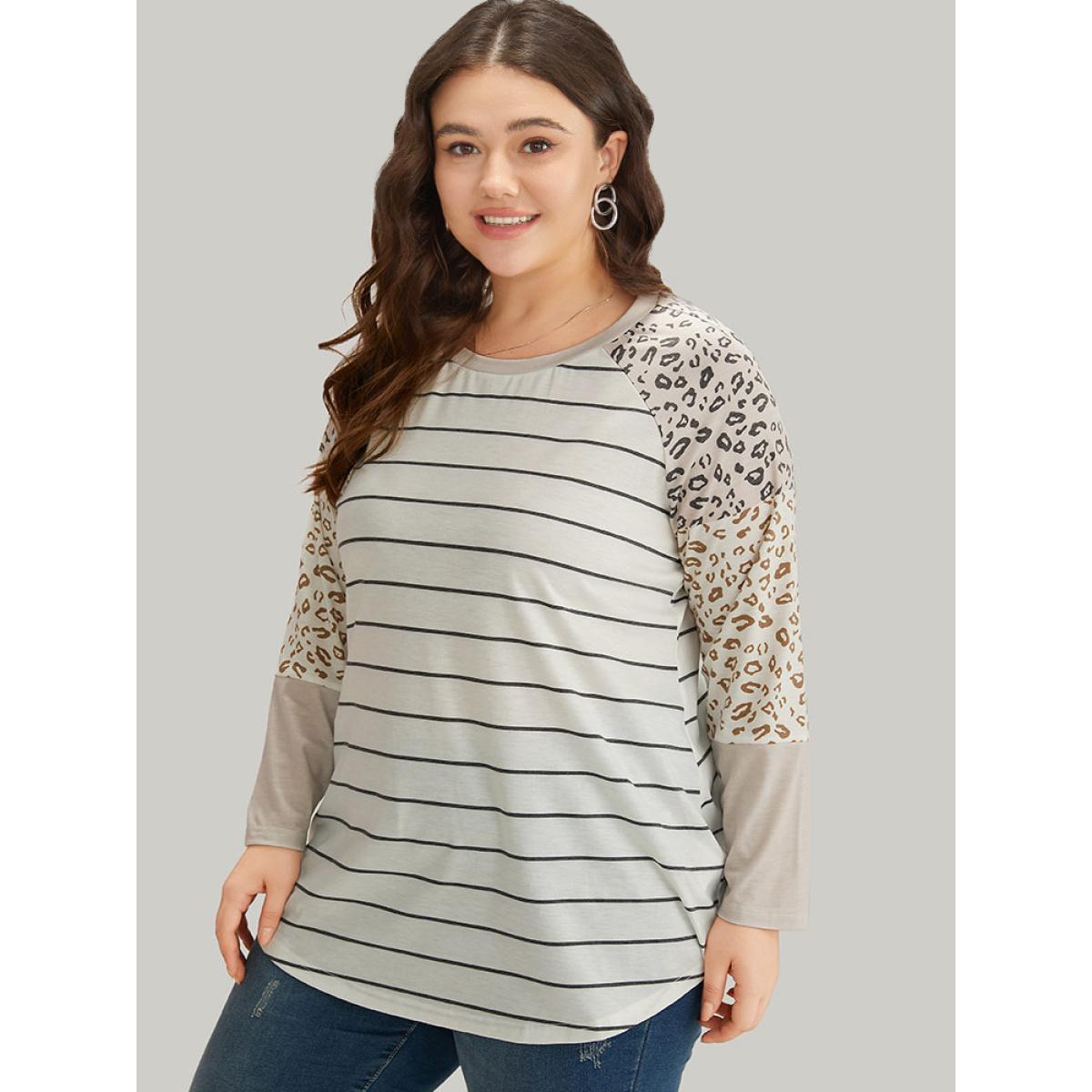 Plus Size Leopard Striped Patchwork Raglan Sleeve T-shirt Multicolor Women Casual Patchwork Leopard Round Neck Dailywear T-shirts BloomChic 26/4X Product Image