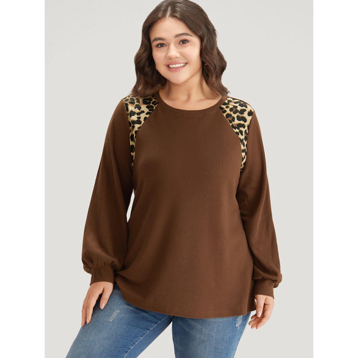 Plus Size Leopard Patchwork Waffle Knit Elastic Cuffs T-shirt DarkBrown Women Casual Elastic cuffs Leopard Round Neck Dailywear T-shirts BloomChic 18-20/2X Product Image