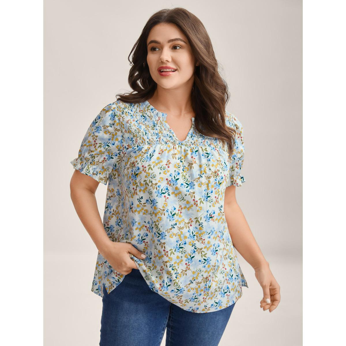 Plus Size LightBlue Floral Print Shirred Neck Blouse Women Leisure Short sleeve Flat collar Casual Blouses BloomChic 22-24/3X Product Image