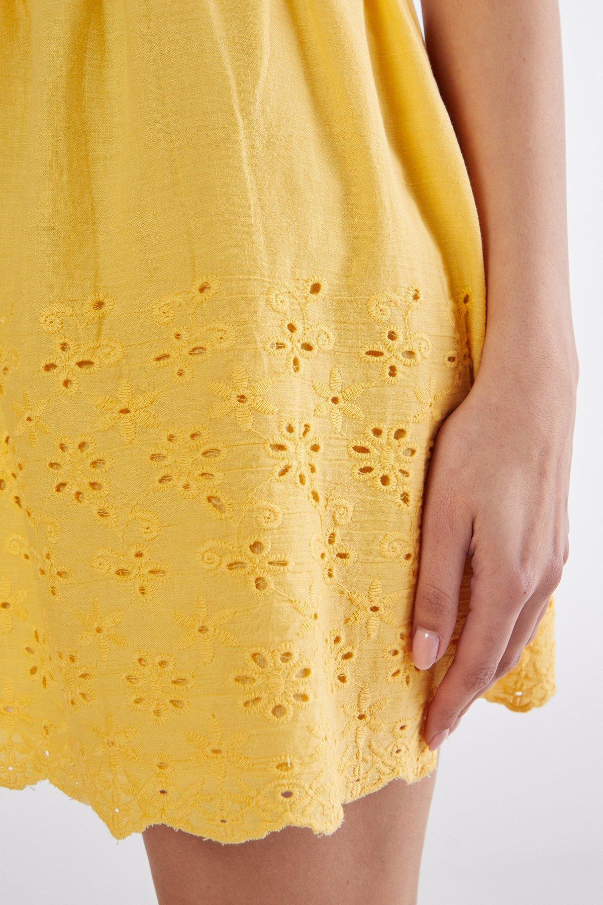 Cotton Ruched Button Broderie Hem Strappy Mini Dress Product Image