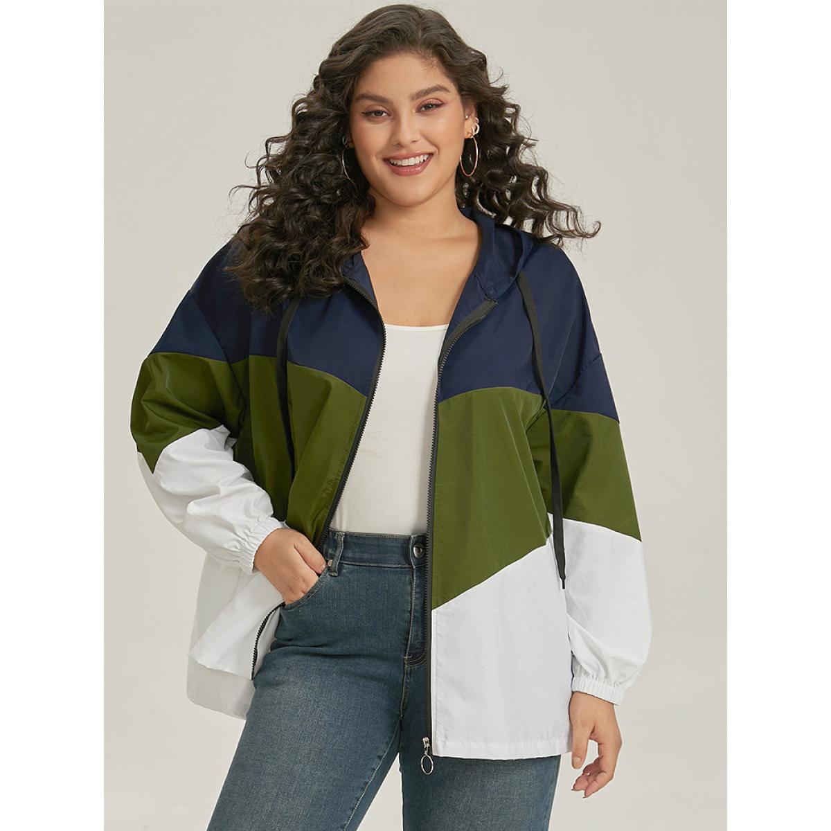 Plus Size Colorblock Contrast Drawstring Hooded Zipper Jacket Women ArmyGreen Elastic cuffs Pocket Dailywear Jackets BloomChic 18-20/2X Product Image