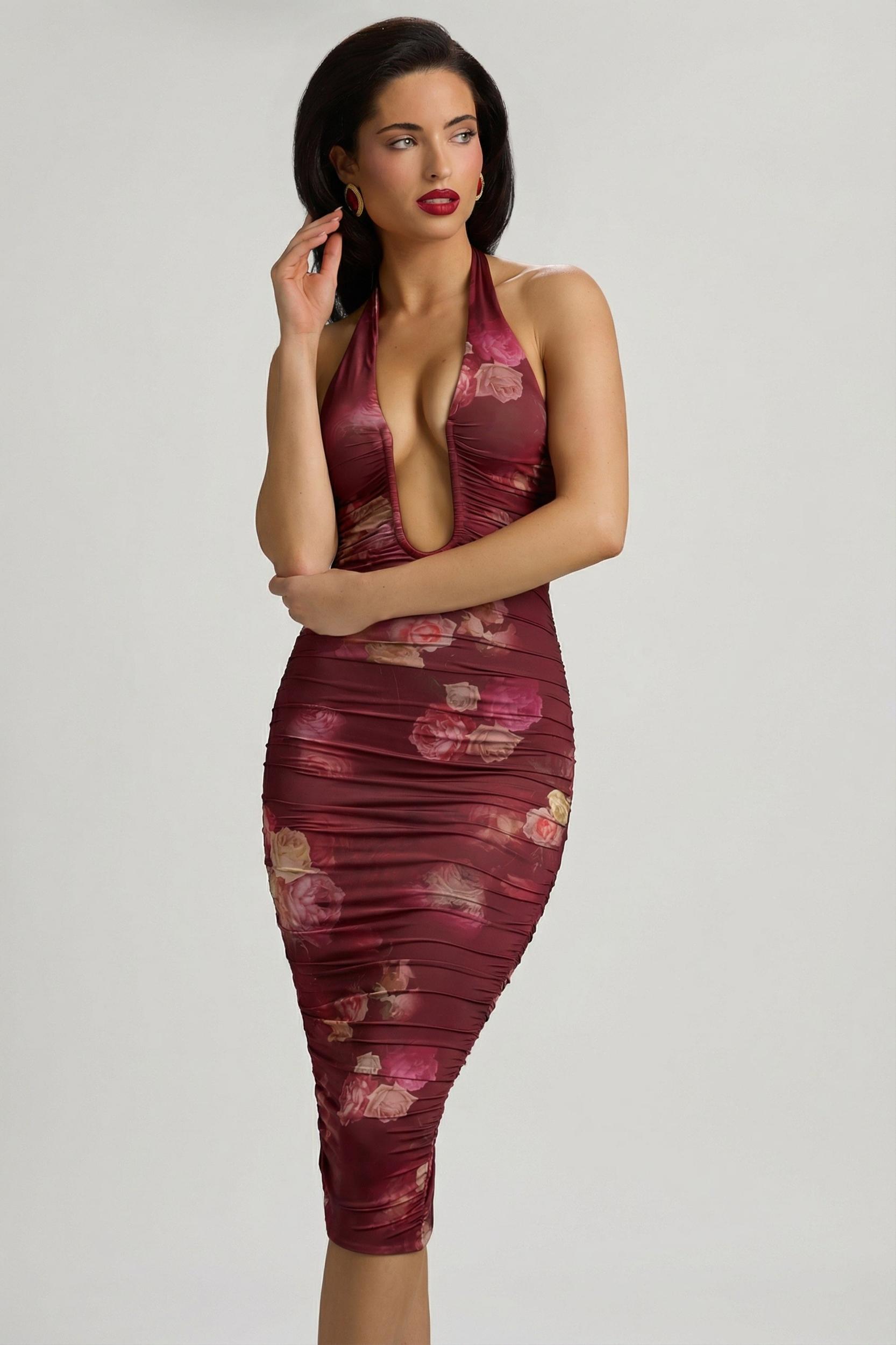 Ruched Plunge Halterneck Midi Dress in Maroon Floral Print Product Image