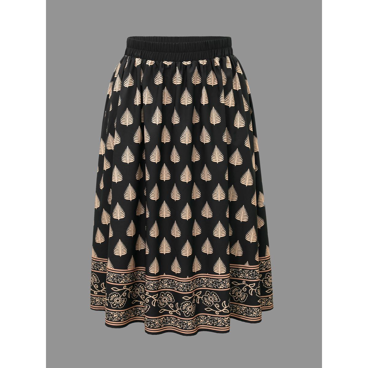 Plus Size Boho Print Elastic Waist Pocket Skirt Women BlackFlower Elegant Contrast Low stretch Slanted pocket Everyday Skirts BloomChic 10/M Product Image