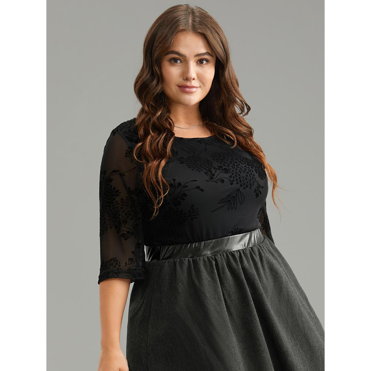 Plus Size Black Flocking Round Neck Crochet Lace Mesh T-shirt Women Office Elbow-length sleeve Round Neck Work Blouses BloomChic 18-20/2X Product Image