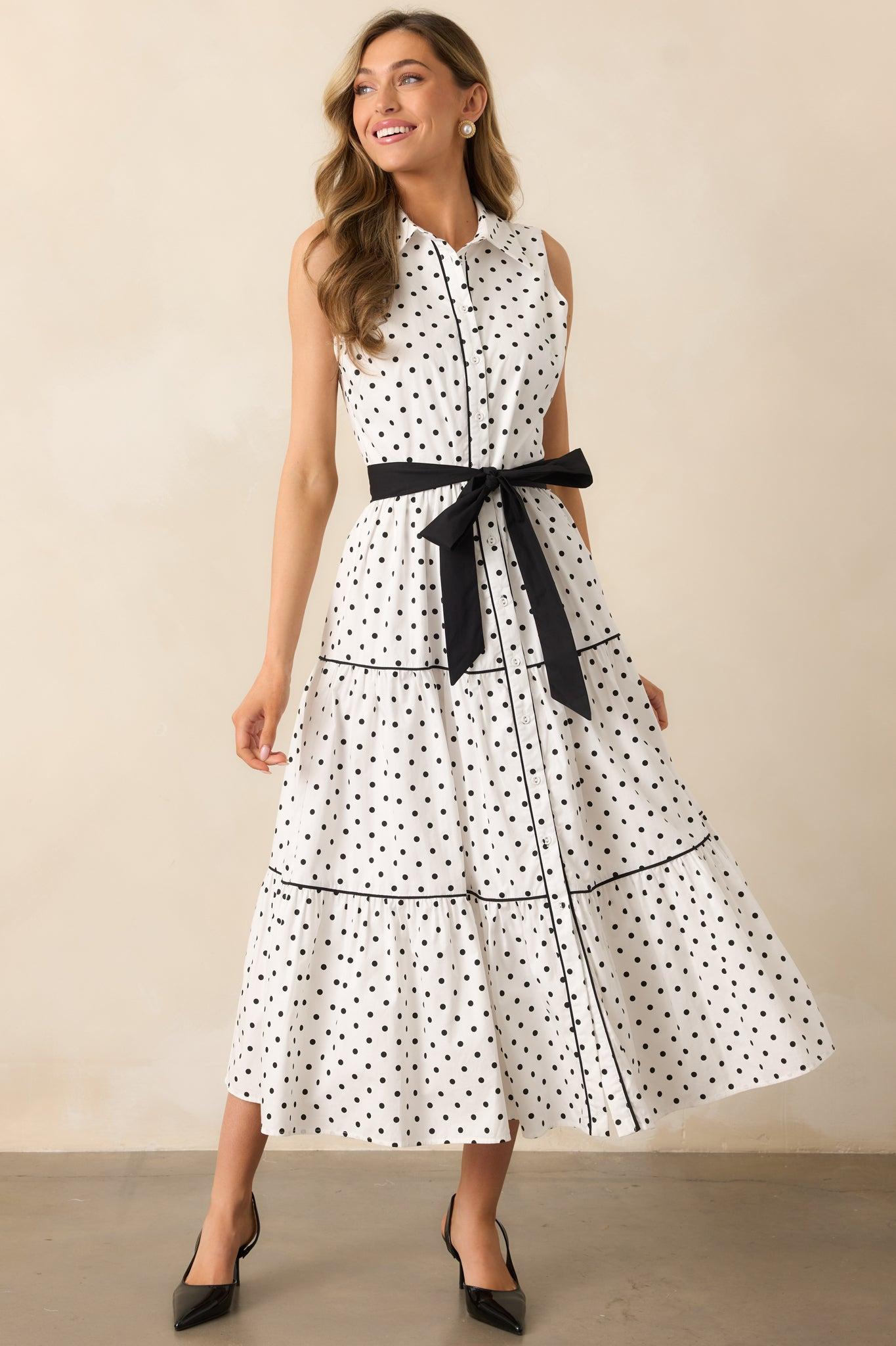 Where We Left Off White Cotton Polka Dot Maxi Shirt Dress Product Image