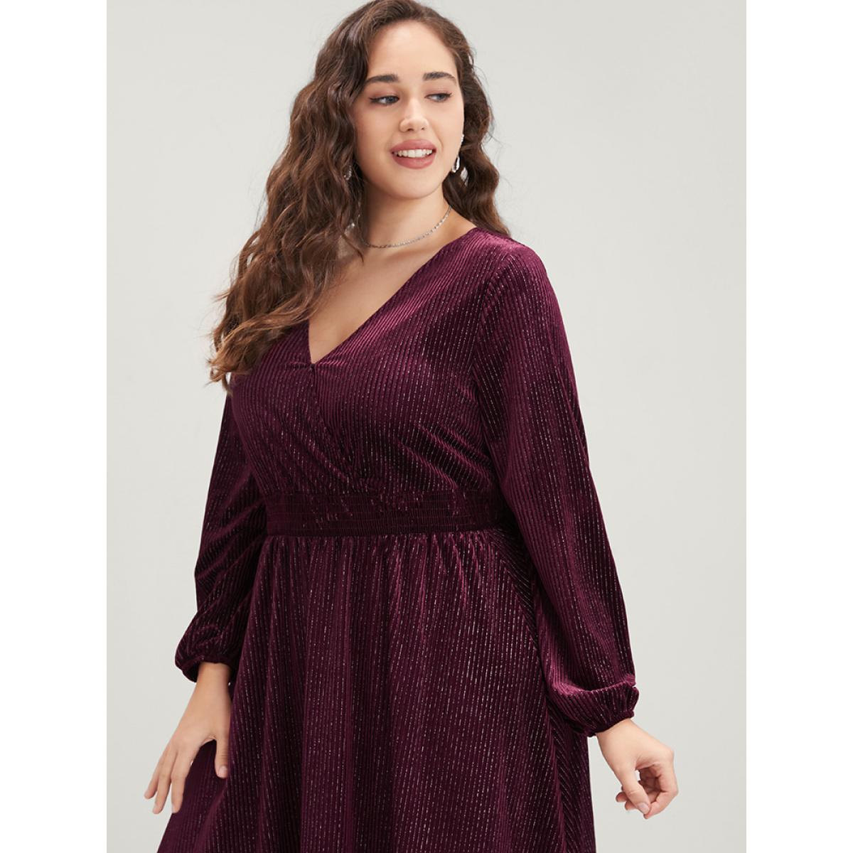 Plus Size Glitter Lantern Sleeve Surplice Neck Shirred Dress Burgundy Women Party Plain V-neck Long Sleeve Curvy Knee Dress BloomChic 18-20/2X Product Image