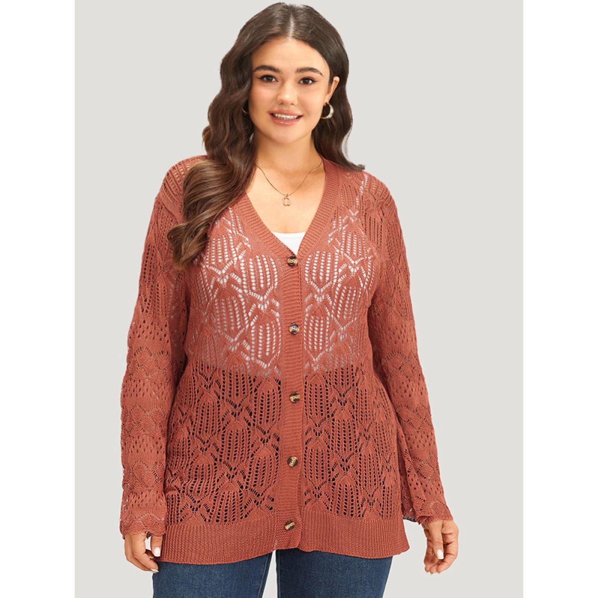 Plus Size Hollow Out Button Down Bell Sleeve Cardigan Rust Women Casual Loose Long Sleeve Everyday Cardigans BloomChic 10/M Product Image