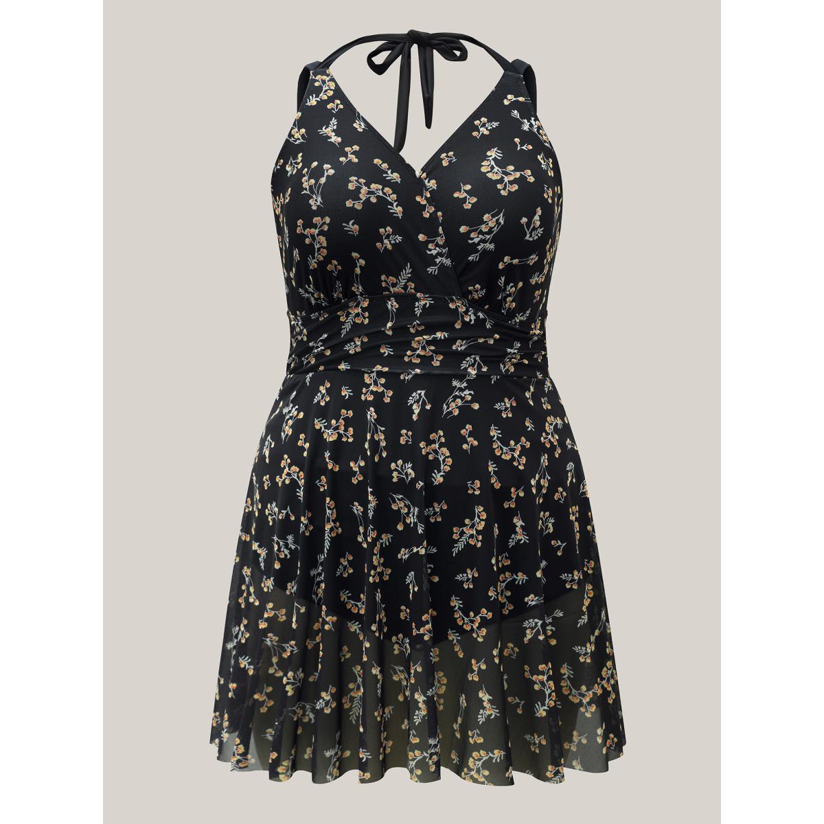 Plus Size Floral Mesh Sheer Splits Swim Dress Women's Swimwear Black Beach Bodycon Overlap Collar High stretch Curve Swim Dresses BloomChic 28/5X Product Image