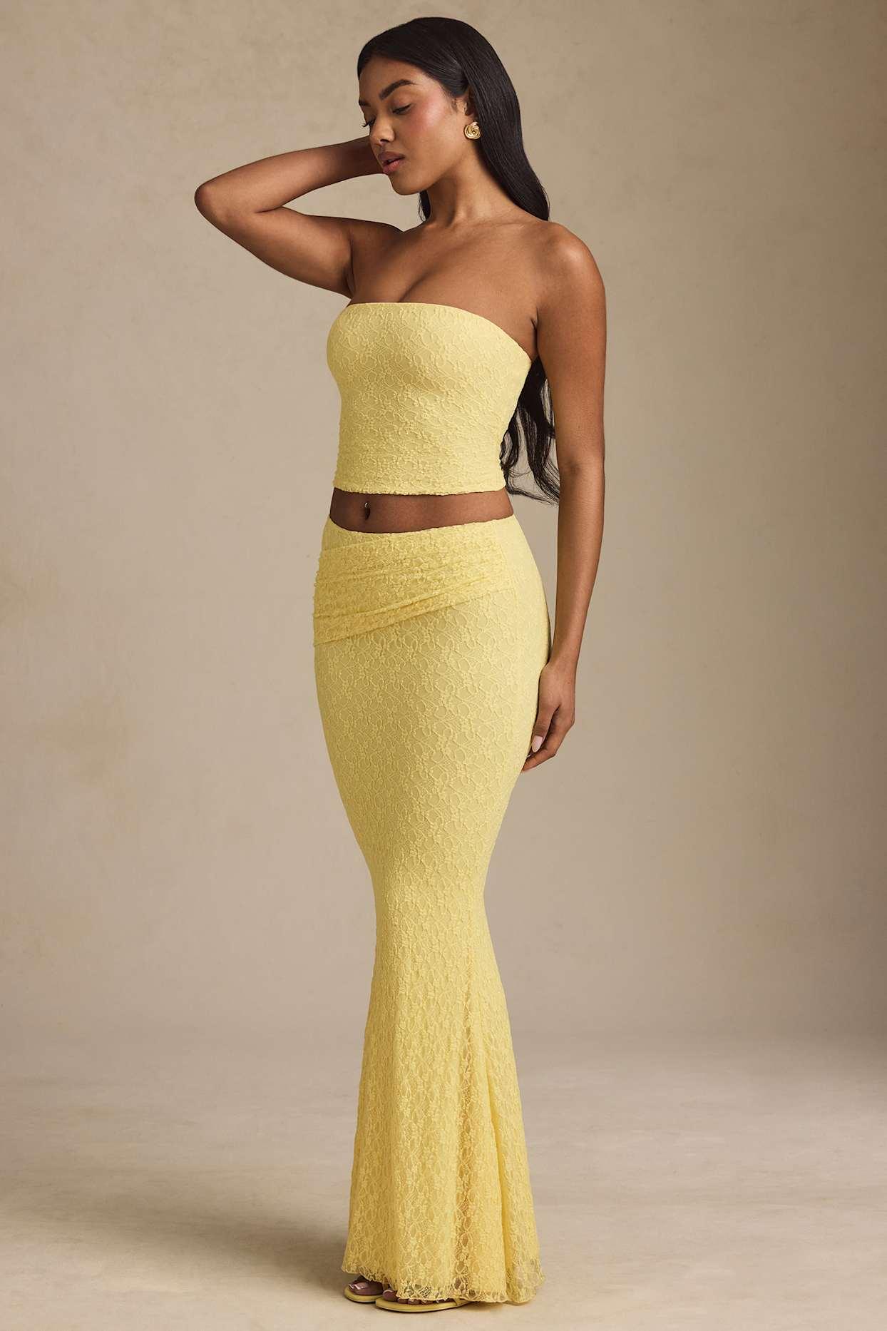 Ruched Strapless Lace Top in Pastel Yellow Product Image