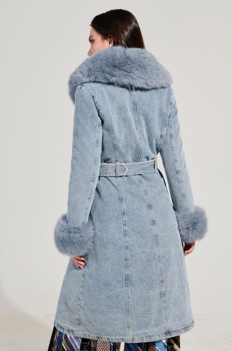 KAYA FUR TRIM TRENCH IN DENIM Product Image