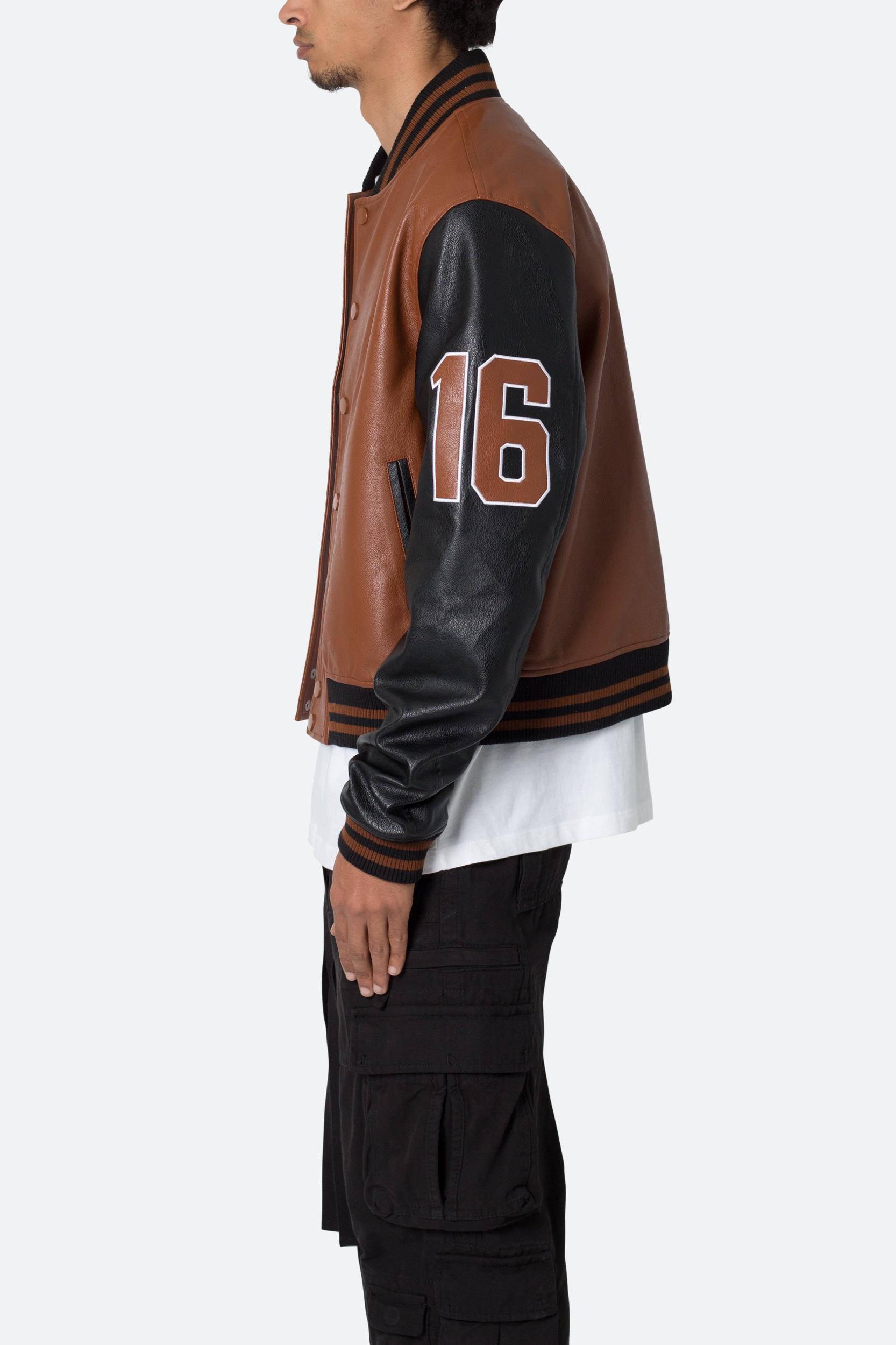 PU Varsity Jacket - Black/Brown Product Image