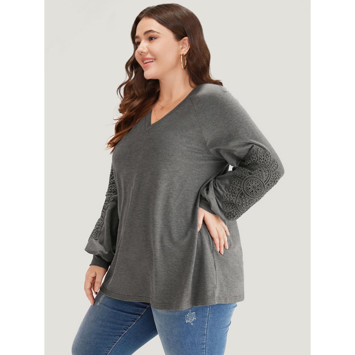 Plus Size Plain Guipure Lace V Neck Raglan Sleeve Sweatshirt Women Gray Elegant Plain V-neck Dailywear Sweatshirts BloomChic 12/L Product Image