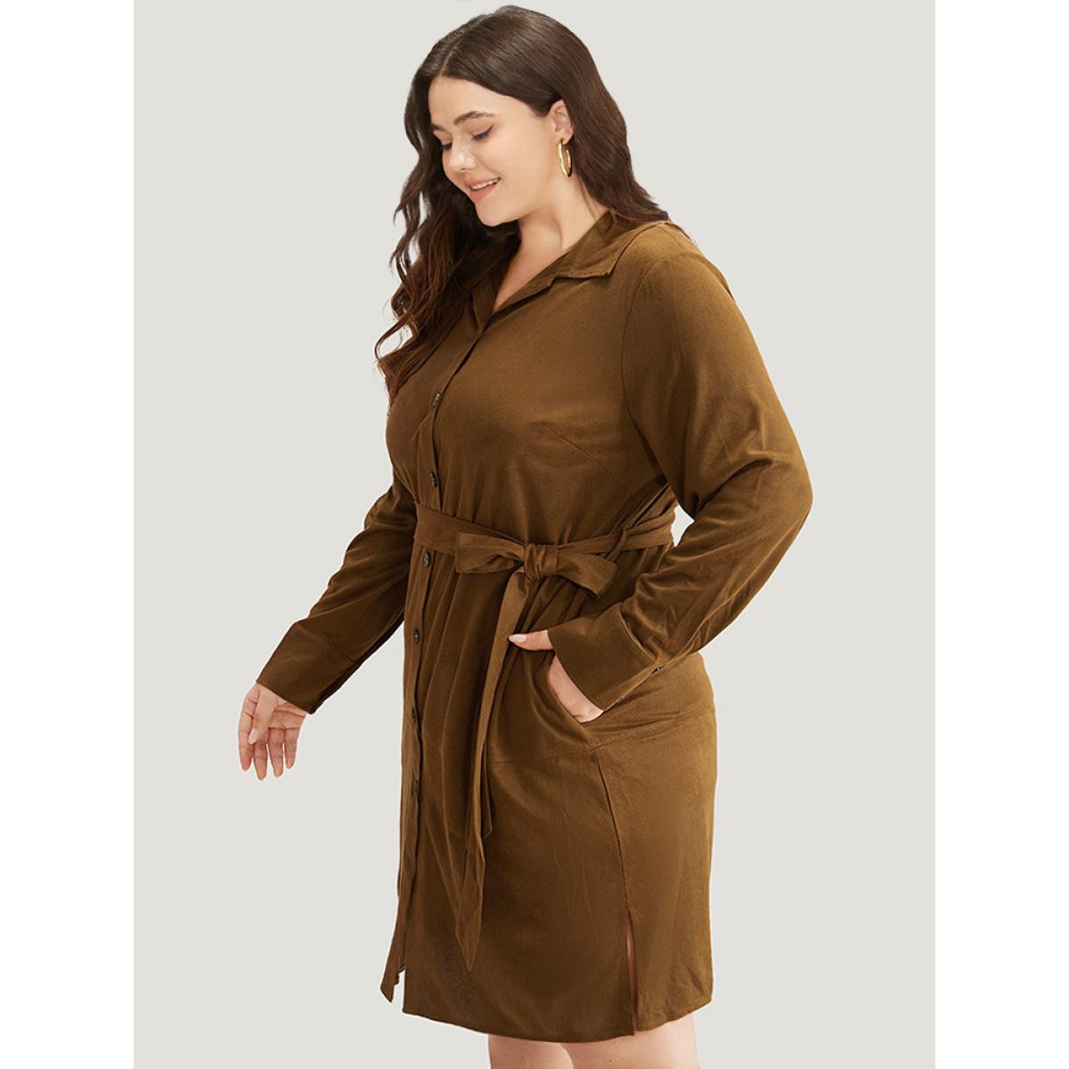 Plus Size Plain Split Hem Button Through Belted Dress Bronze Women Office Plain Shirt collar Long Sleeve Curvy Knee Dress BloomChic 28/5X Product Image