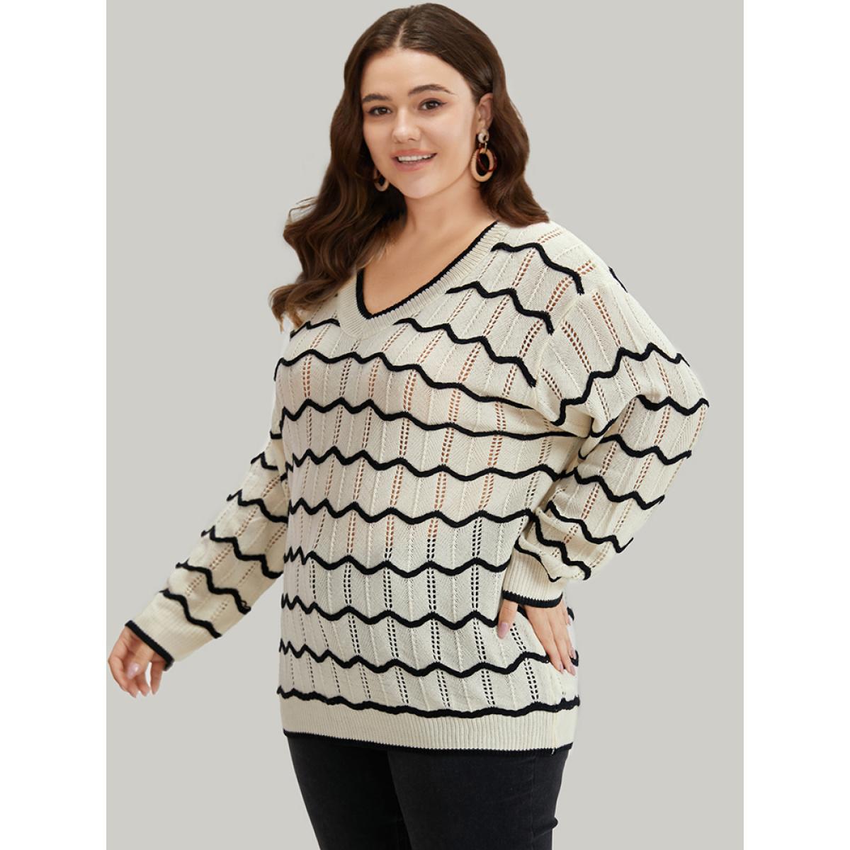 Plus Size Striped Drop Shoulder Cut Out Bodycon Pullover Beige Women Casual Bodycon Long Sleeve V-neck Everyday Pullovers BloomChic 18-20/2X Product Image