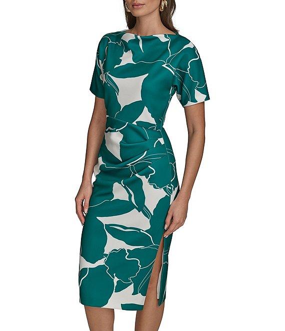 Donna Karan Scuba Boatneck Short Sleeve Midi Sheath Dress Product Image