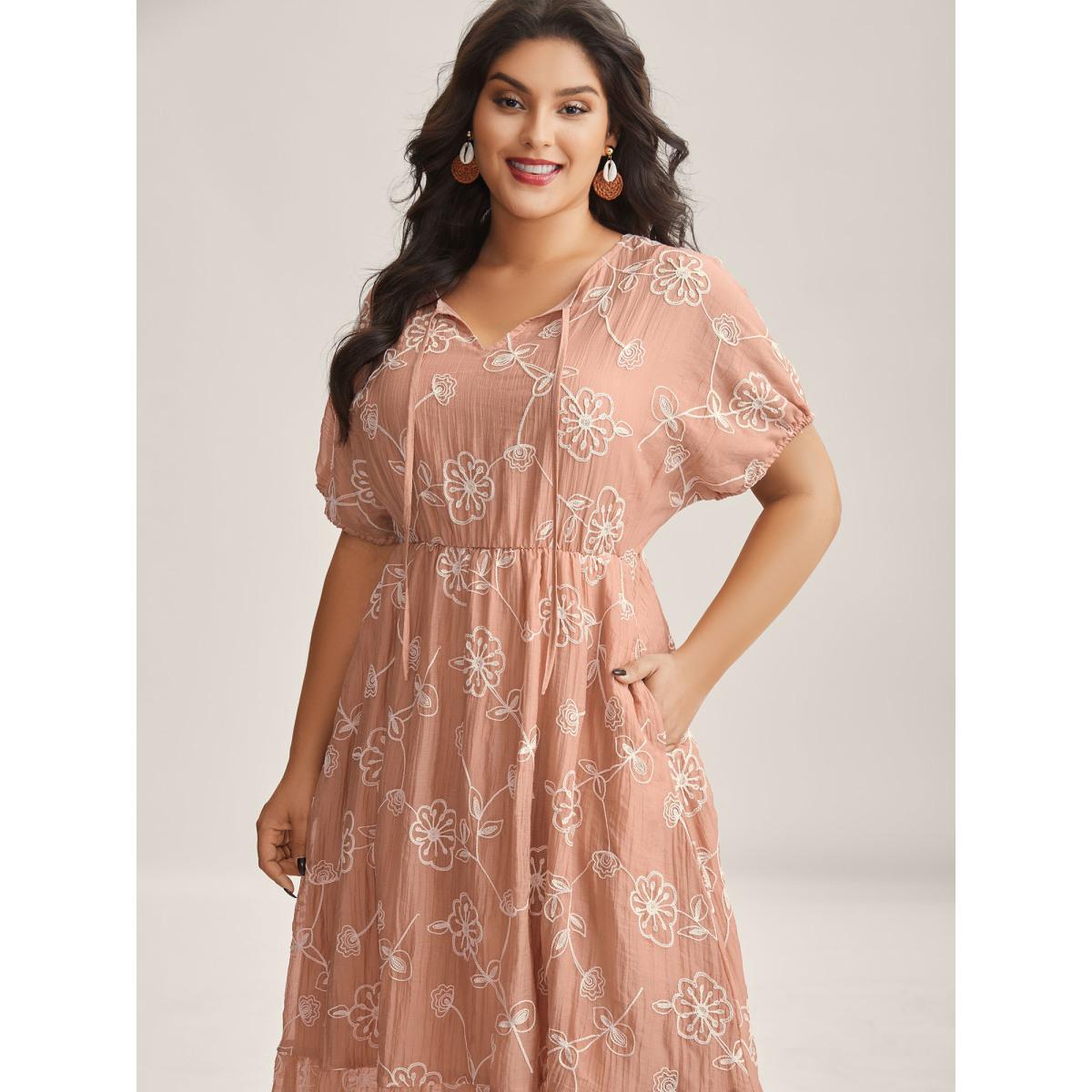 Plus Size Rayon Textured Embroidered Stretchy Midi Dress Watermelon Women V-neck Short sleeve Curvy BloomChic 12/L Product Image